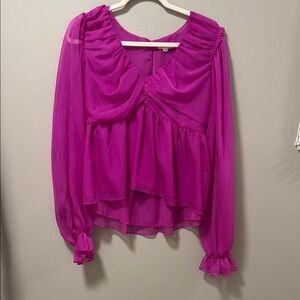 Blu Pepper Pink Ruched Ruffled Long Sleeve Blouse